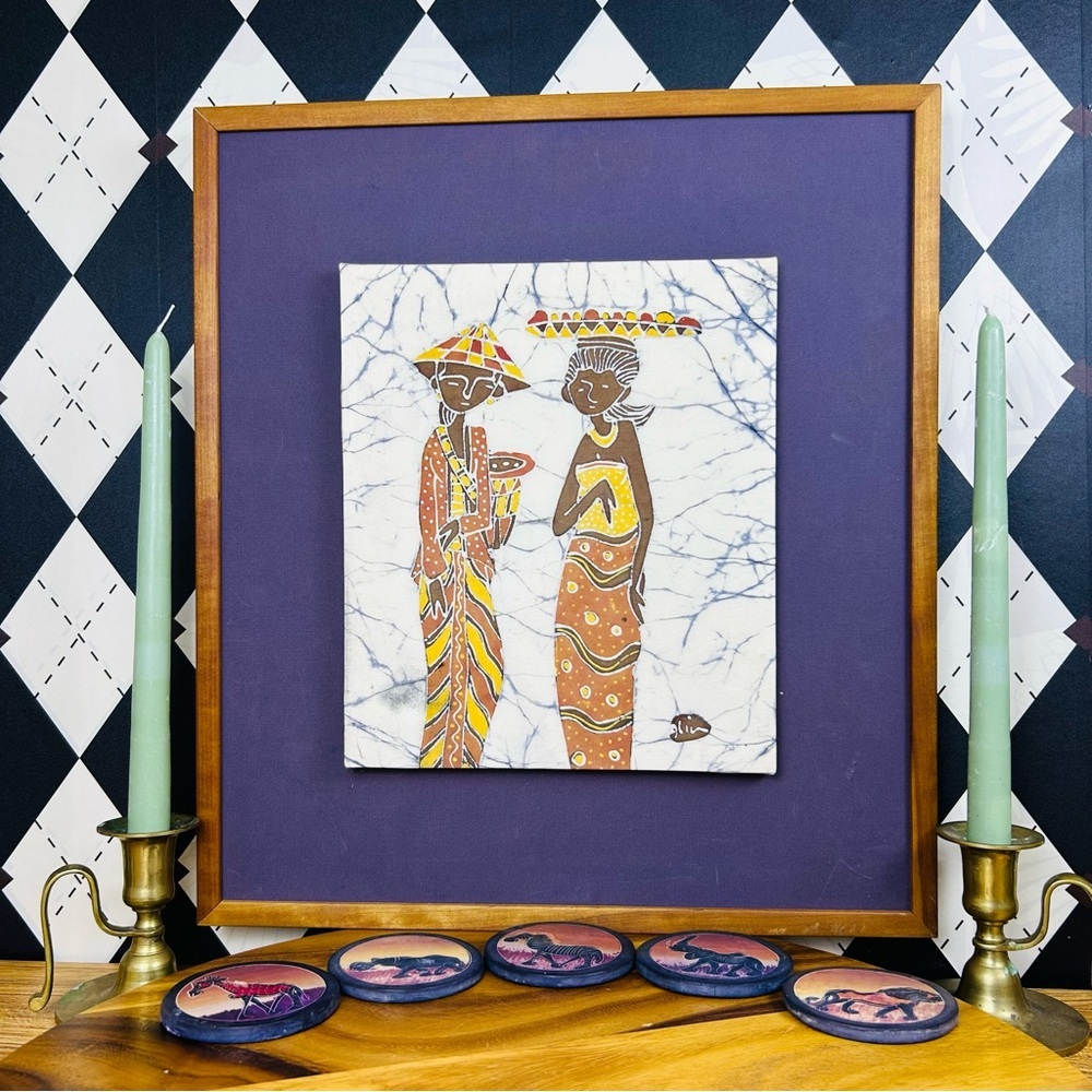 African Batik Fabric 18 inch Art Framed Hand-Painted Textile Vintage